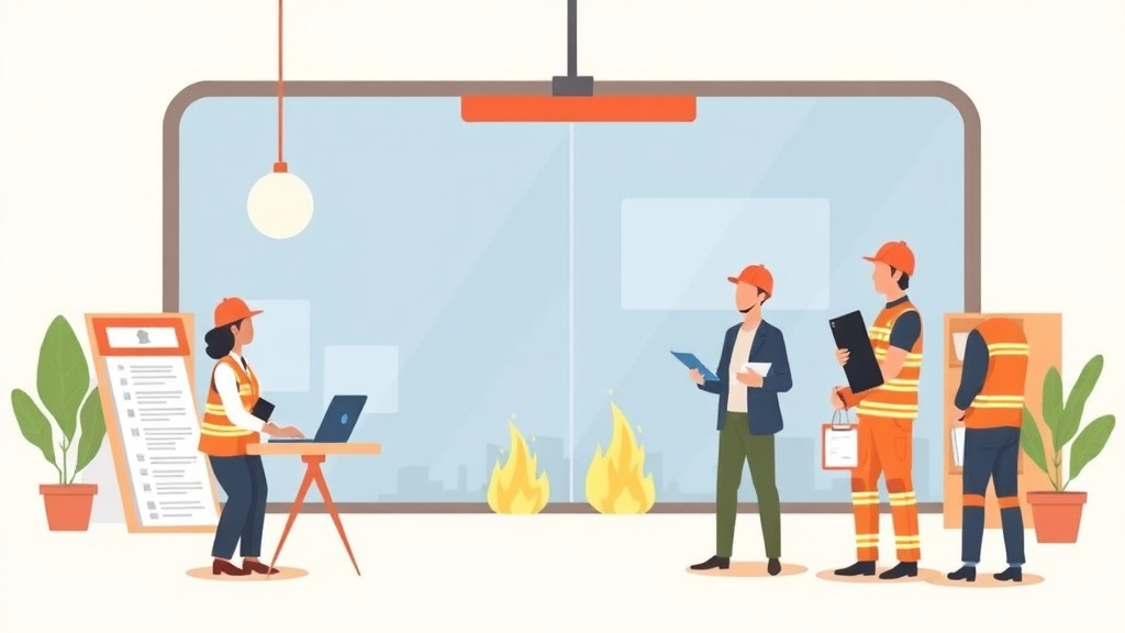 A professional illustration depicting corporate Visit Preparation: Fire Safety for Franchise Operators