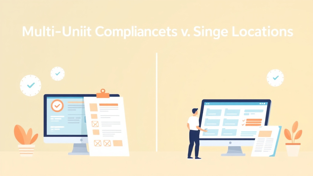An informative visual explaining multi-Unit Compliance Tools vs Single-Location Solutions for beginners and professionals
